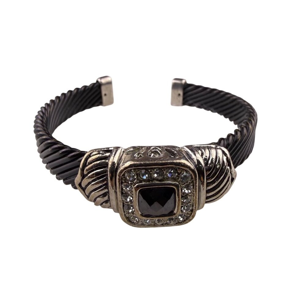 Asymmetrical Silver Tone/Black Metal Crystal-Embellished Open Cuff Bracelet